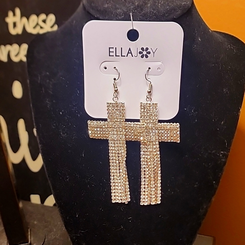 NWT ELLAJOY Rhinestones Cross Earrings